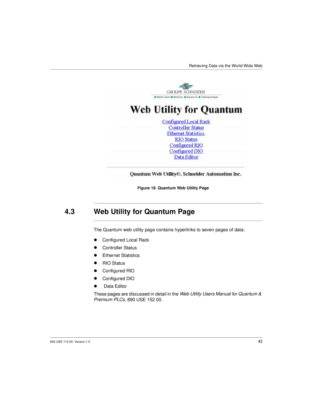 Schneider Optics Modicon Quantum Ethernet manual Web Utility for Quantum, Quantum Web Utility 
