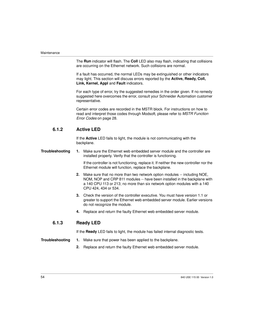 Schneider Optics Modicon Quantum Ethernet manual Active LED, Ready LED 