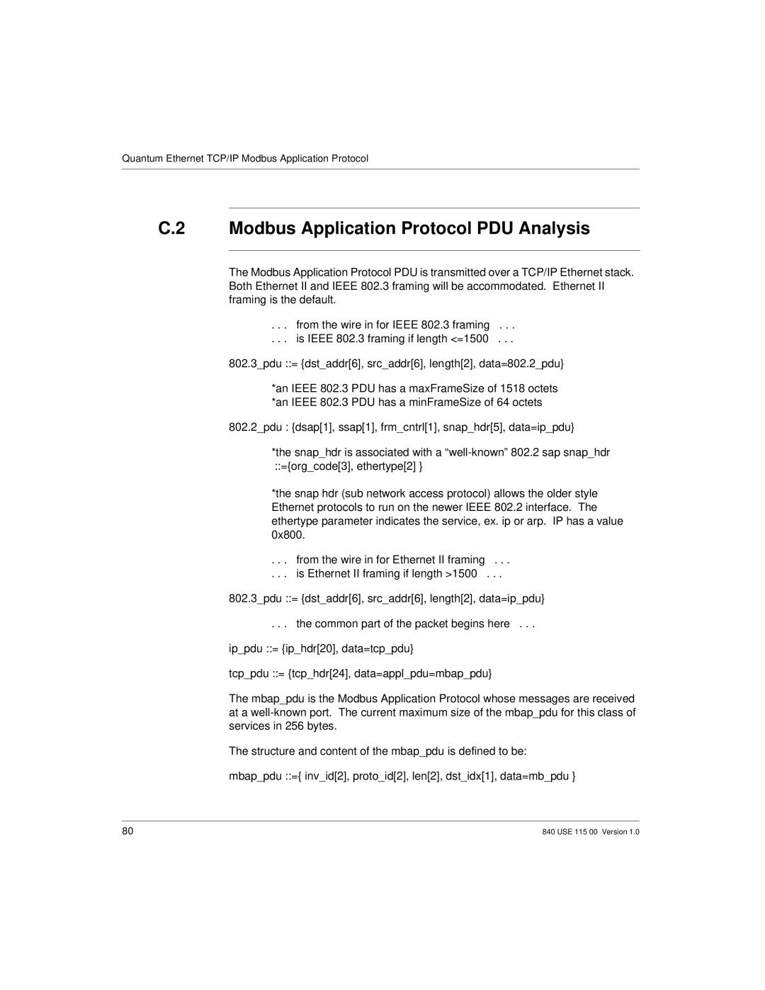 Schneider Optics Modicon Quantum Ethernet manual Modbus Application Protocol PDU Analysis 