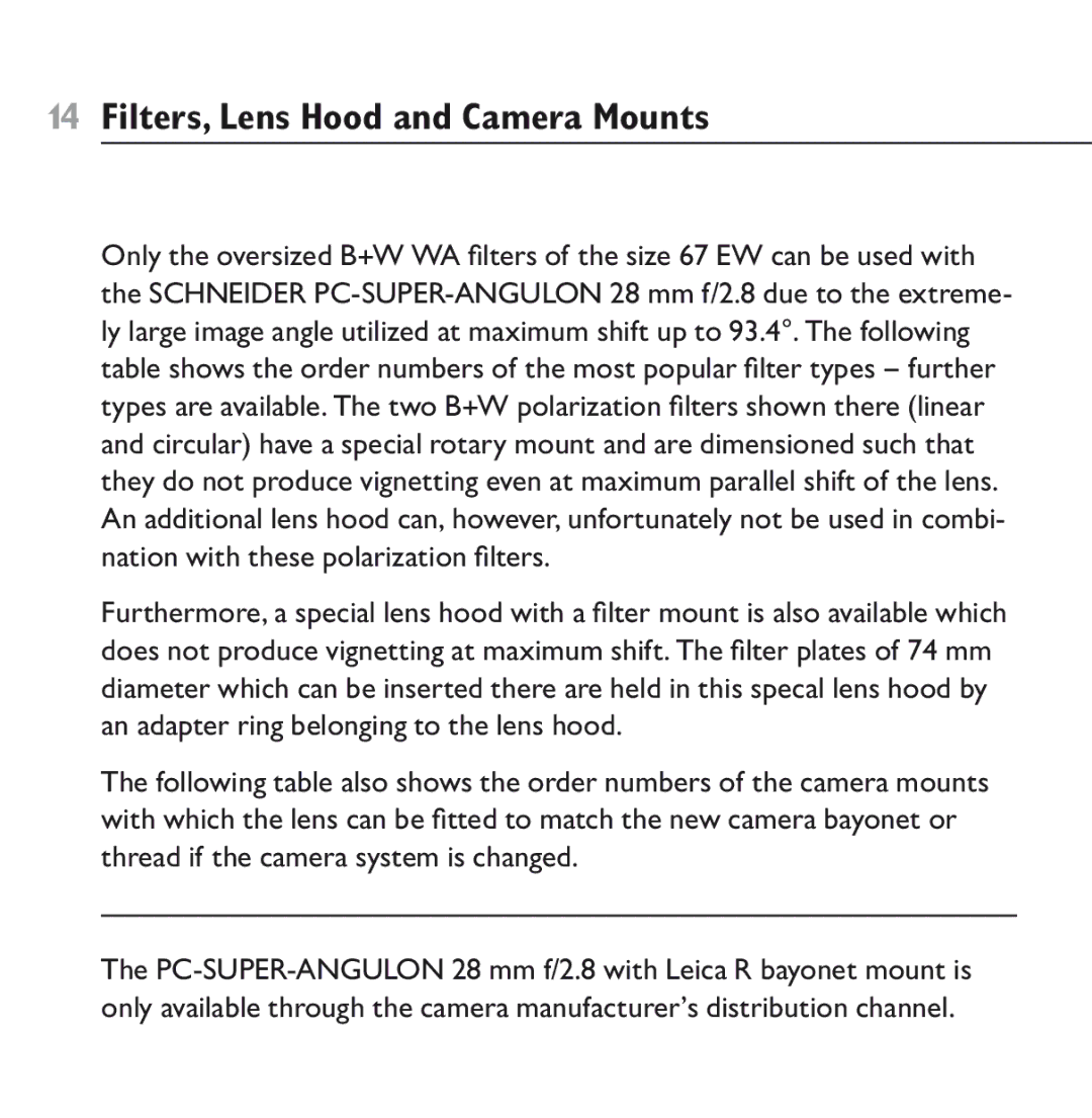 Schneider Optics PC-SUPER-ANGULON 28 mm f/2.8 manual ¡4 Filters, Lens Hood and Camera Mounts 