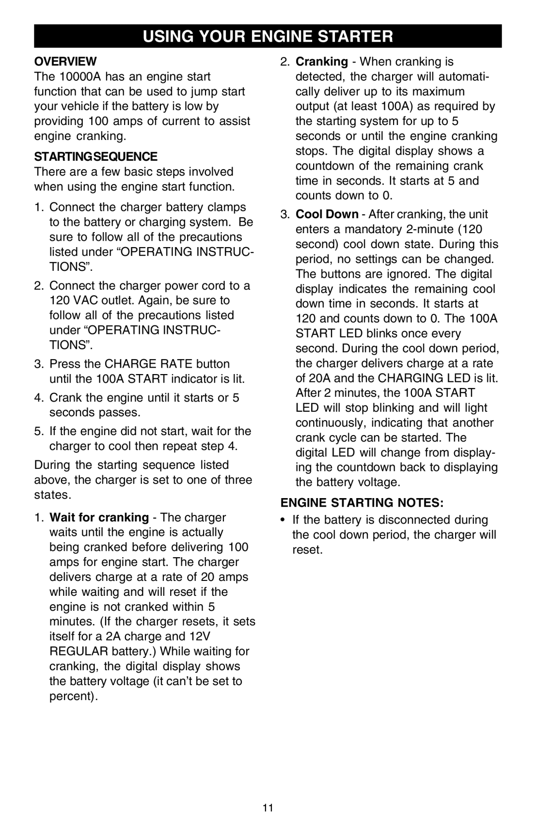 Schumacher 10000A owner manual Using Your Engine Starter, Startingsequence, Engine Starting Notes 