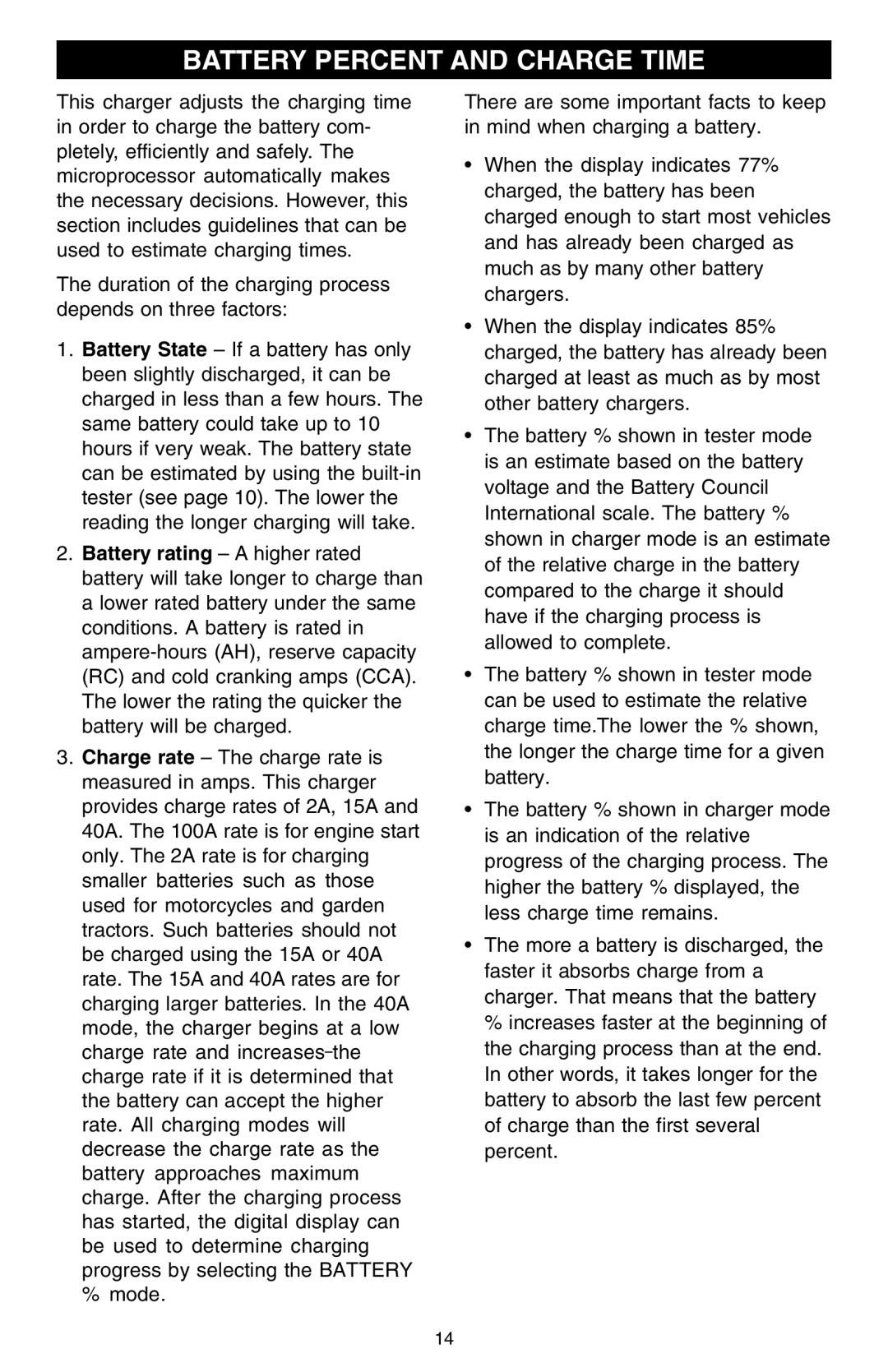 Schumacher 10000A owner manual Battery Percent and Charge Time 