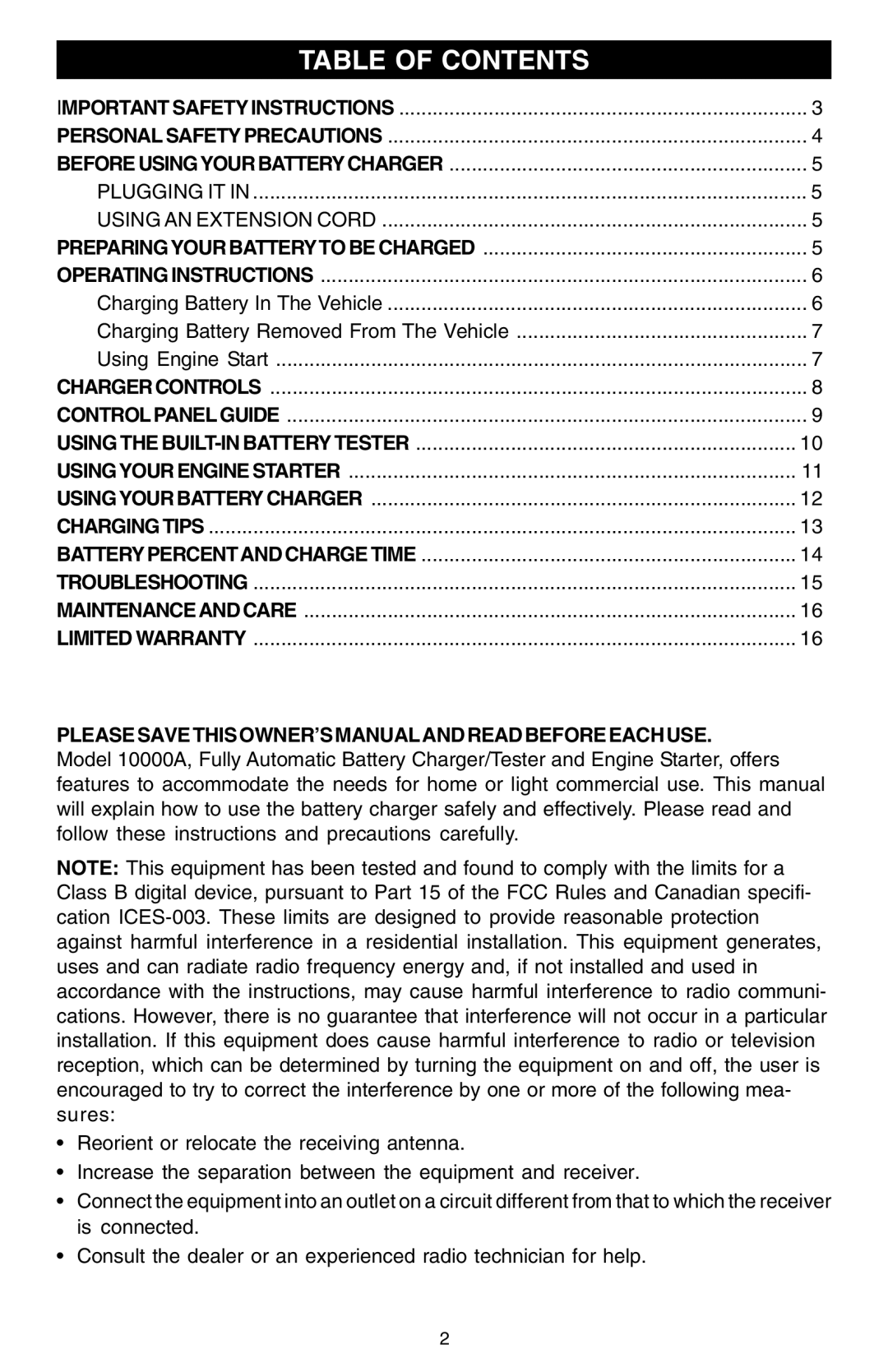 Schumacher 10000A owner manual Table of Contents 