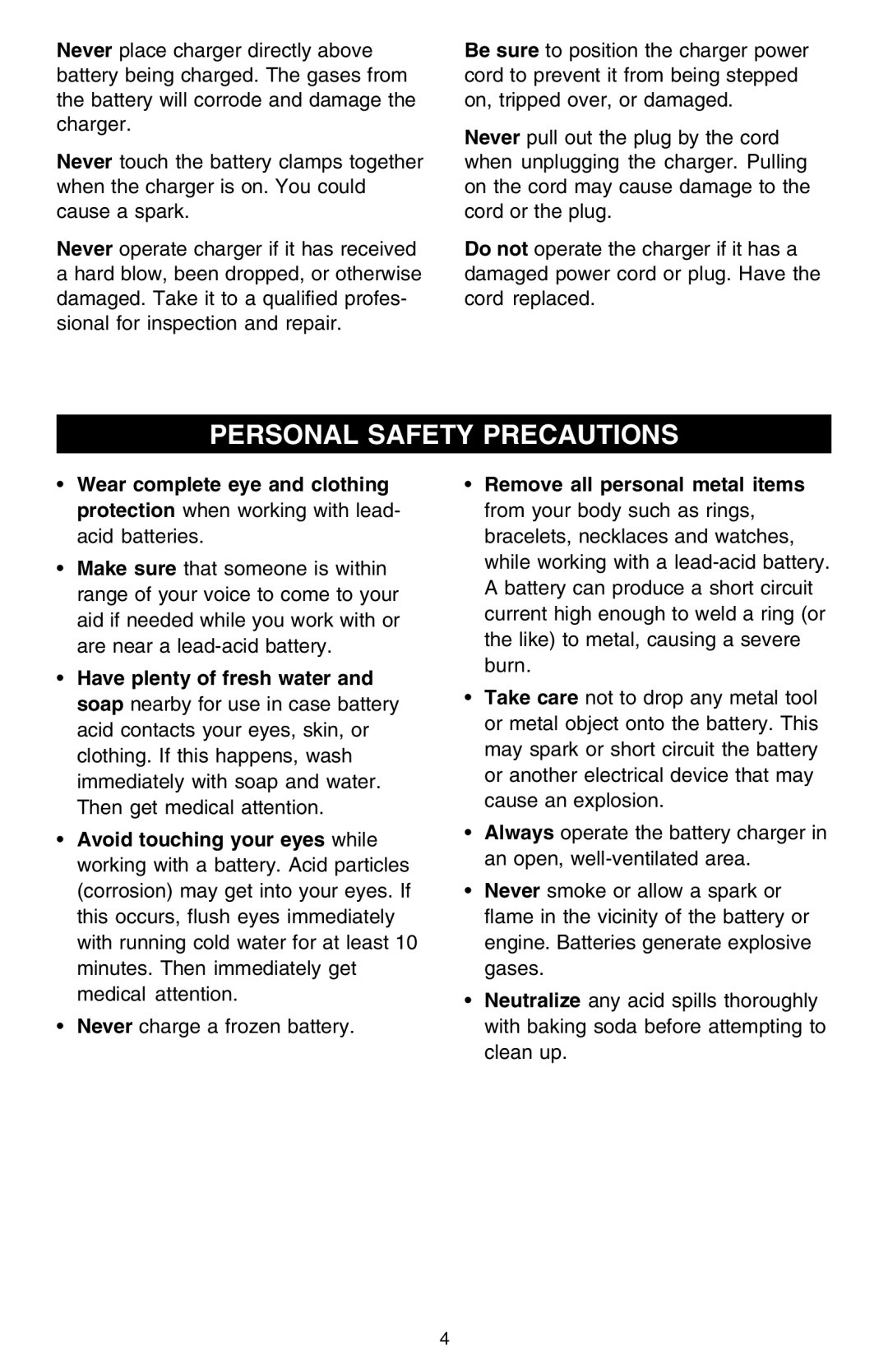 Schumacher 10000A owner manual Personal Safety Precautions 