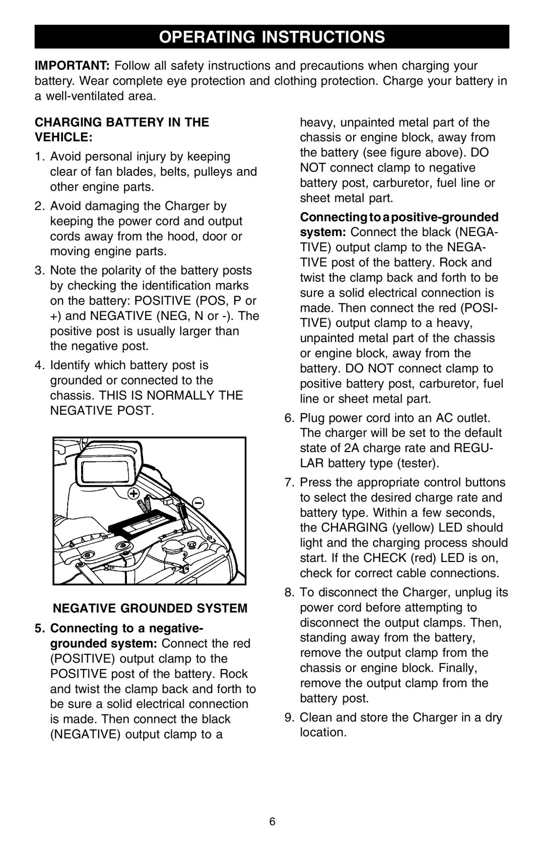 Schumacher 10000A owner manual Operating Instructions, Charging Battery in the Vehicle, Negative Grounded System 