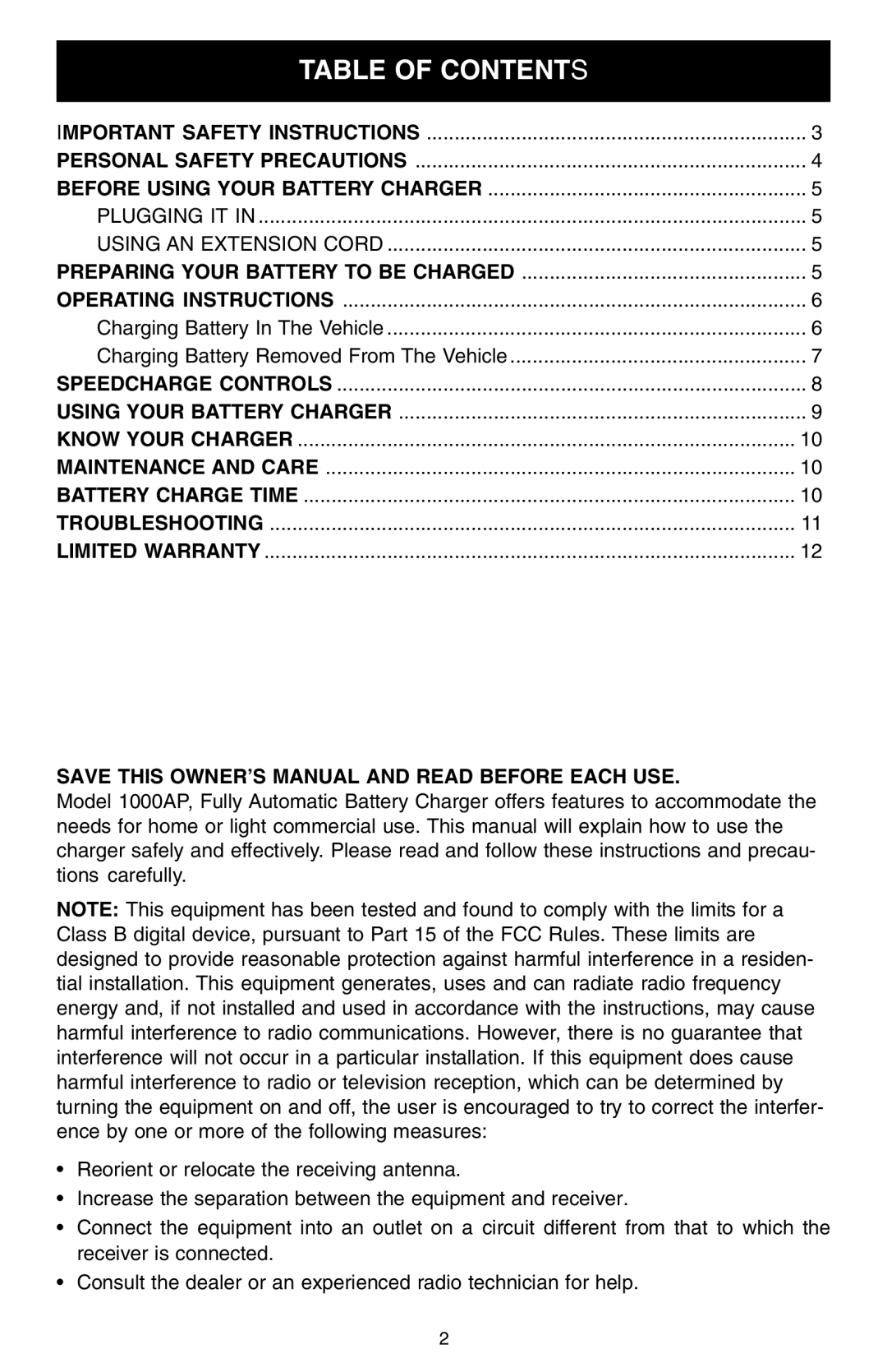 Schumacher 1000AP owner manual Table of Contents 