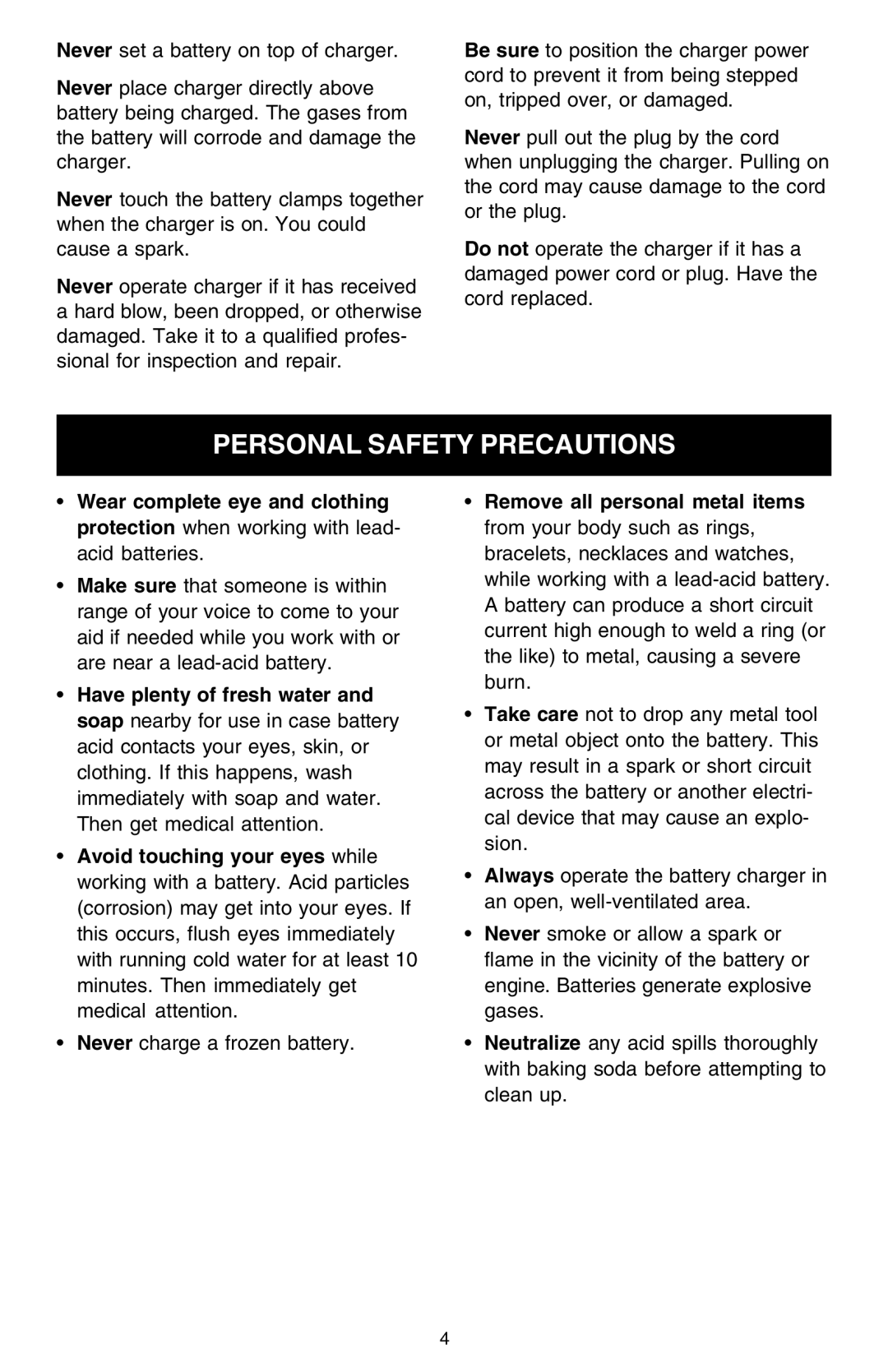 Schumacher 1000AP owner manual Personal Safety Precautions 