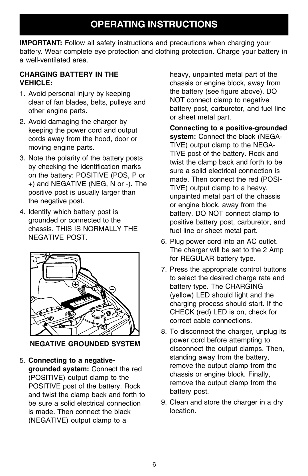 Schumacher 1000AP owner manual Operating Instructions, Charging Battery in the Vehicle, Negative Grounded System 