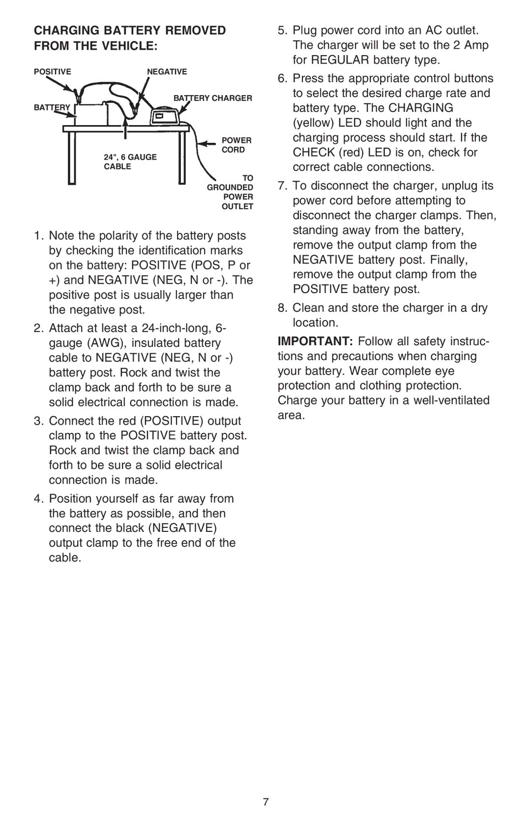 Schumacher 1000AP owner manual Charging Battery Removed from the Vehicle 