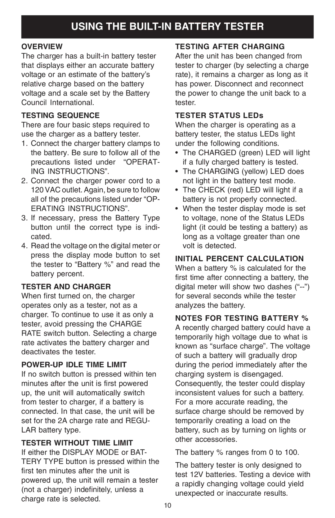 Schumacher 1200A owner manual Using the BUILT-IN Battery Tester 