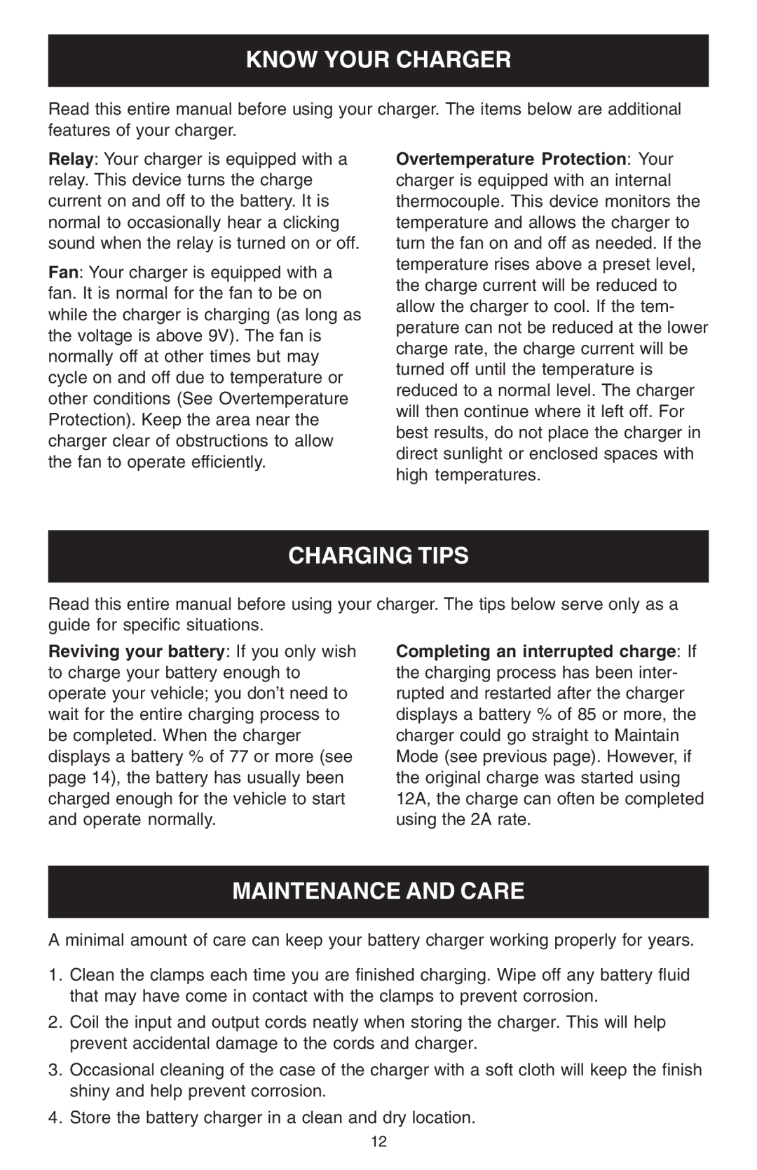 Schumacher 1200A owner manual Know Your Charger, Charging Tips, Maintenance and Care 