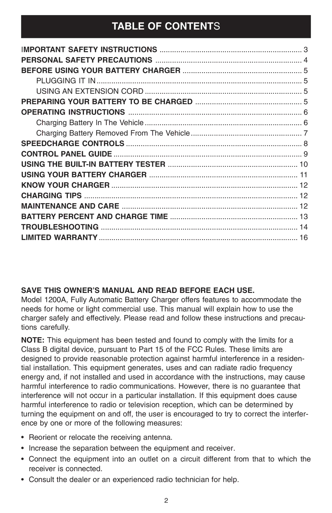 Schumacher 1200A owner manual Table of Contents 