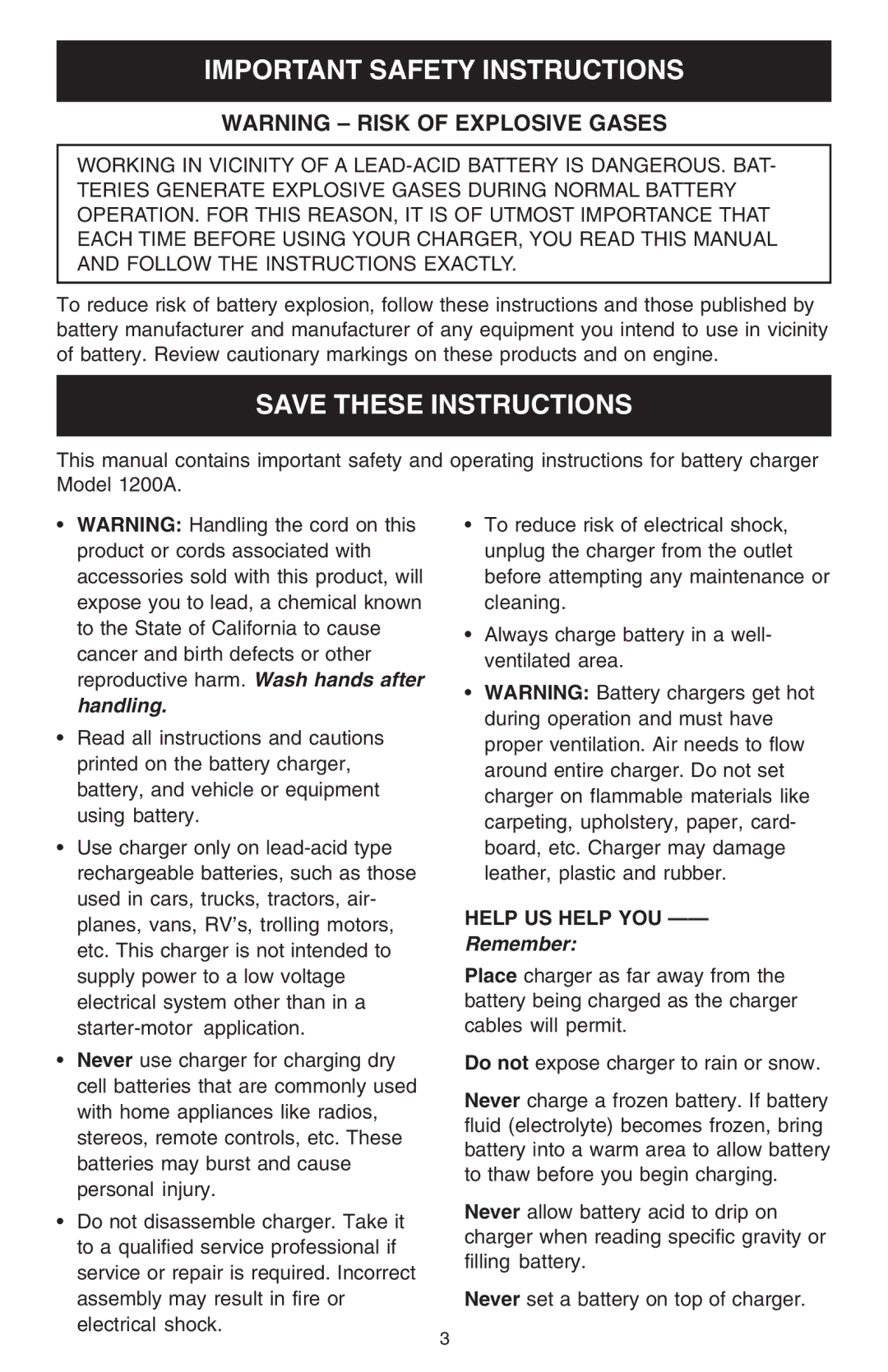 Schumacher 1200A owner manual Important Safety Instructions, Help US Help YOU 