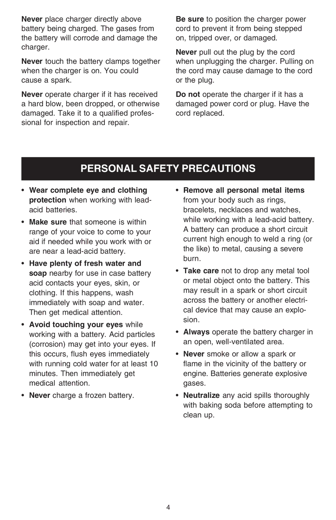 Schumacher 1200A owner manual Personal Safety Precautions 