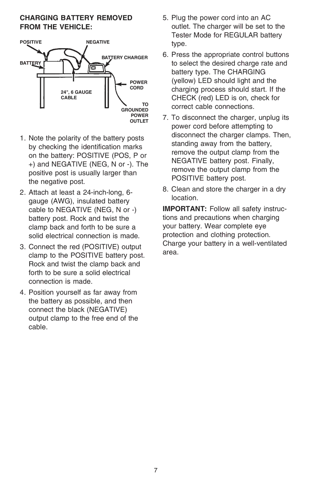 Schumacher 1200A owner manual Charging Battery Removed from the Vehicle 