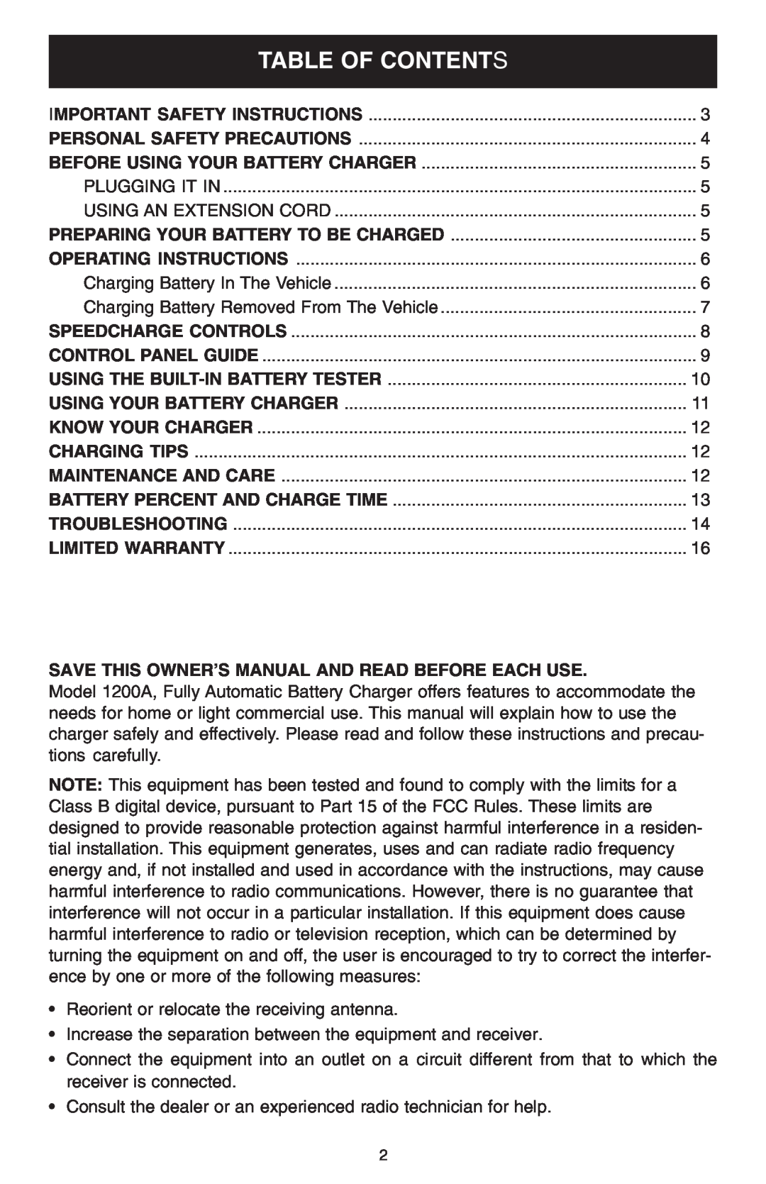 Schumacher 1200A owner manual Table Of Contents, Save This Owner’S Manual And Read Before Each Use 