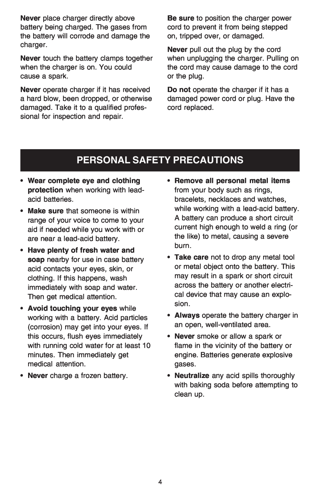 Schumacher 1200A owner manual Personal Safety Precautions 