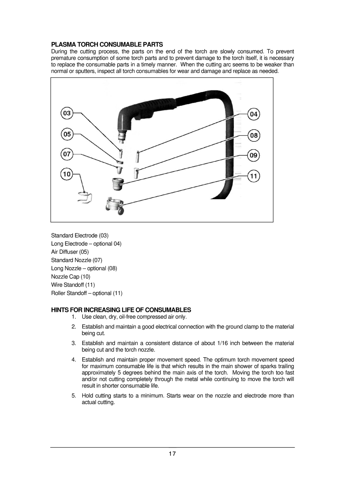 Schumacher 120V manual Plasma Torch Consumable Parts, Hints for Increasing Life of Consumables 