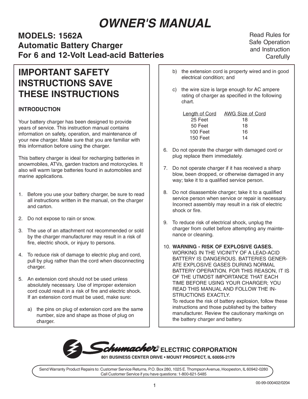 Schumacher owner manual Models 1562A, Introduction 