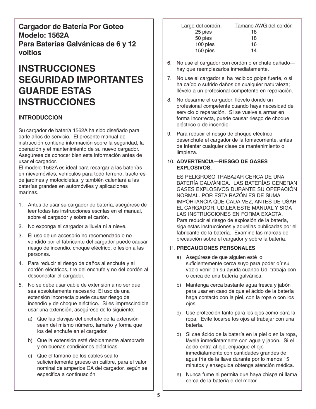 Schumacher 1562A owner manual Introduccion, ADVERTENCIA-RIESGO DE Gases Explosivos, Precauciones Personales 