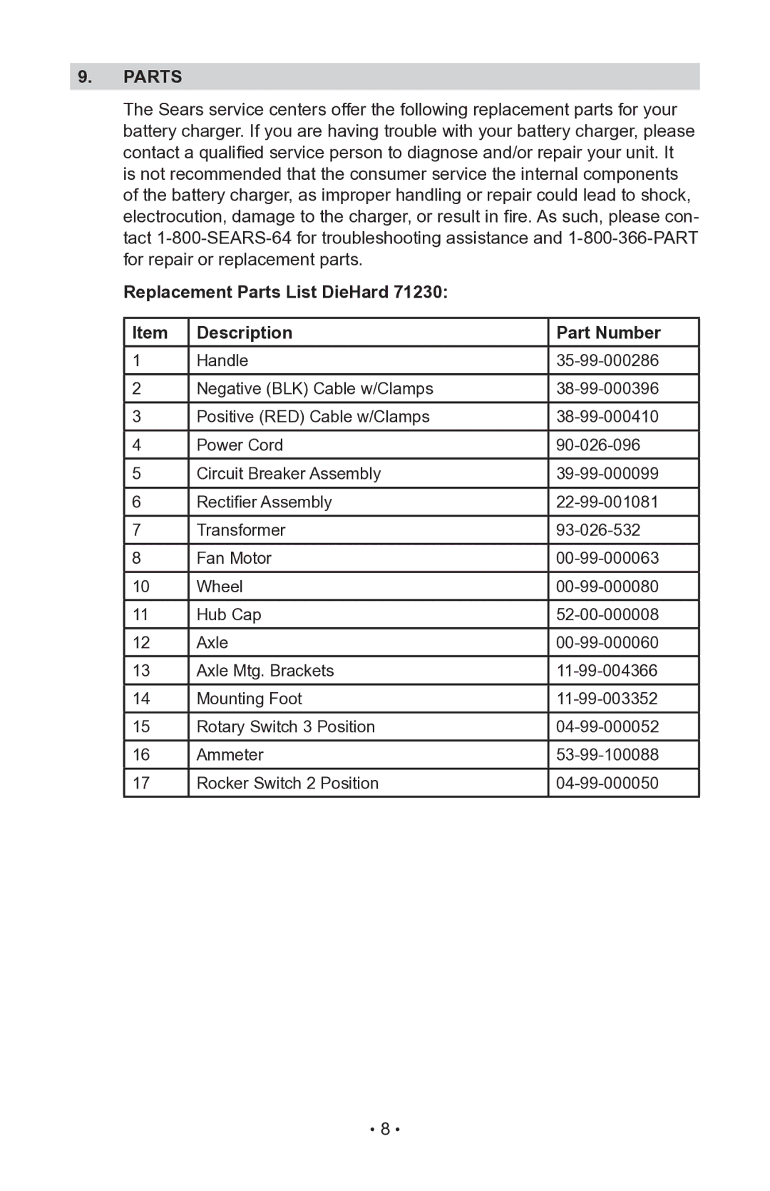 Schumacher 200.71230 operating instructions Replacement Parts List DieHard Description Part Number 