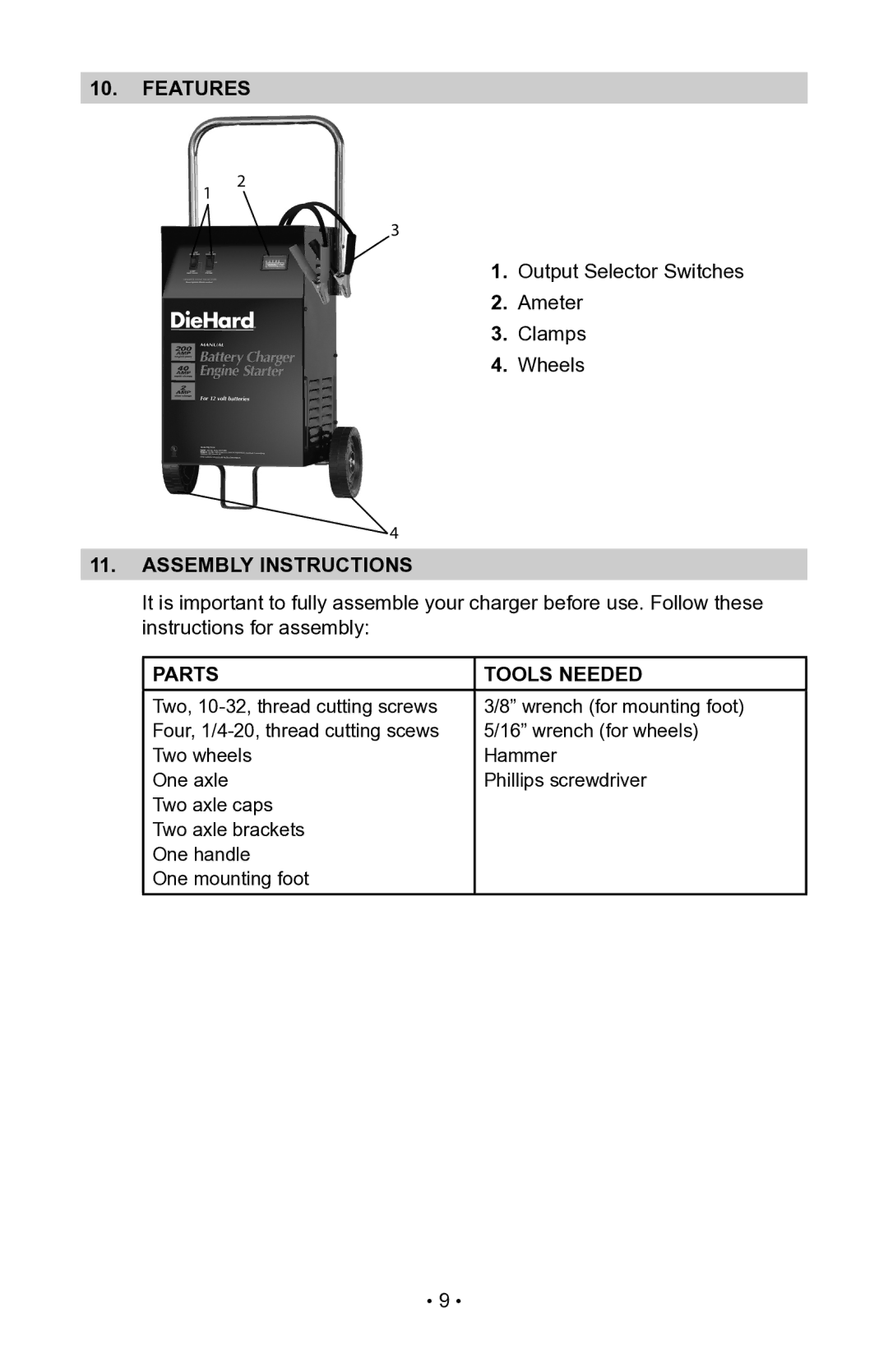 Schumacher 200.71230 operating instructions Features, Assembly instructions, Parts Tools Needed 