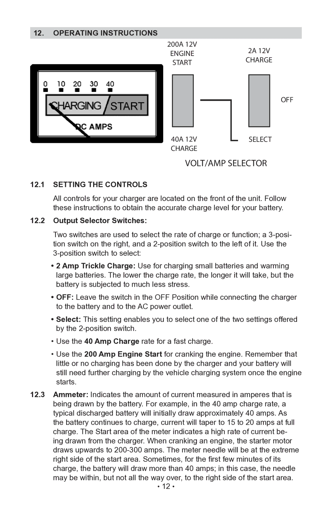 Schumacher 200.71230 operating instructions Operating instructions, Setting the Controls, Output Selector Switches 