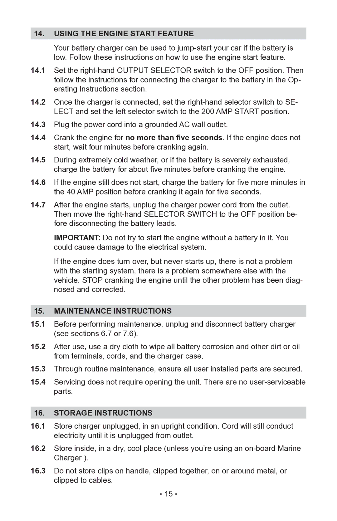 Schumacher 200.71230 operating instructions Using the engine start feature, Maintenance instructions, Storage instructions 