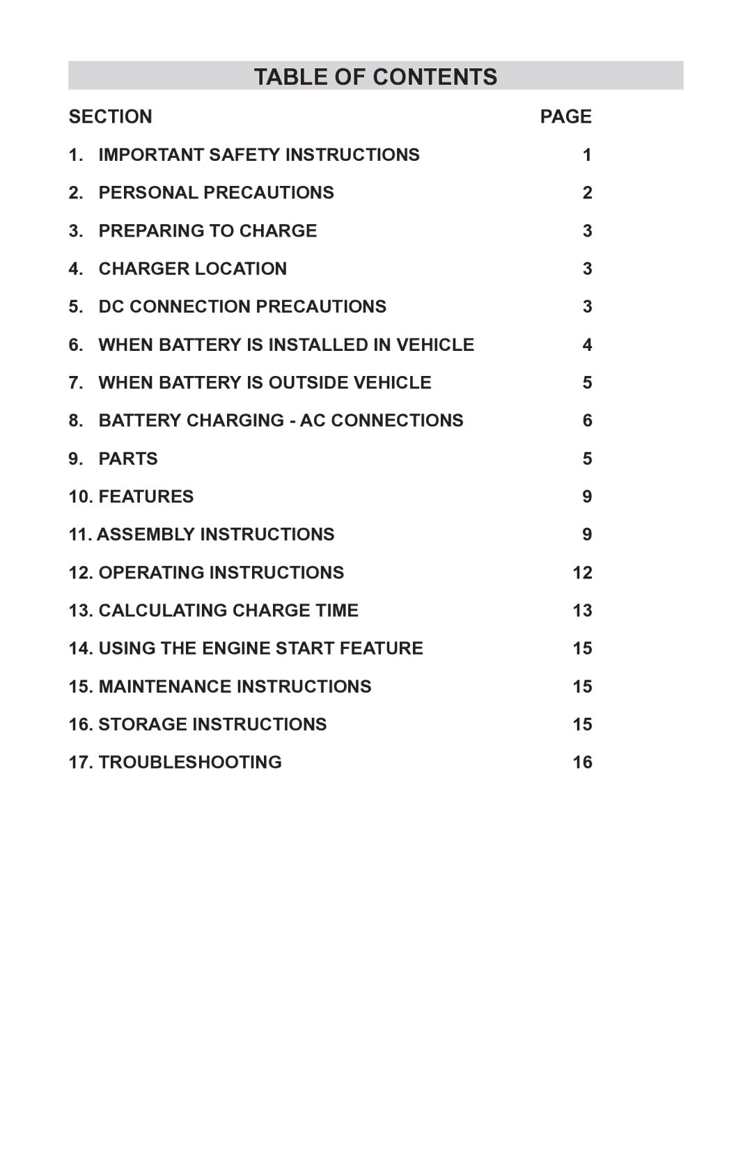 Schumacher 200.71230 operating instructions Table of Contents 