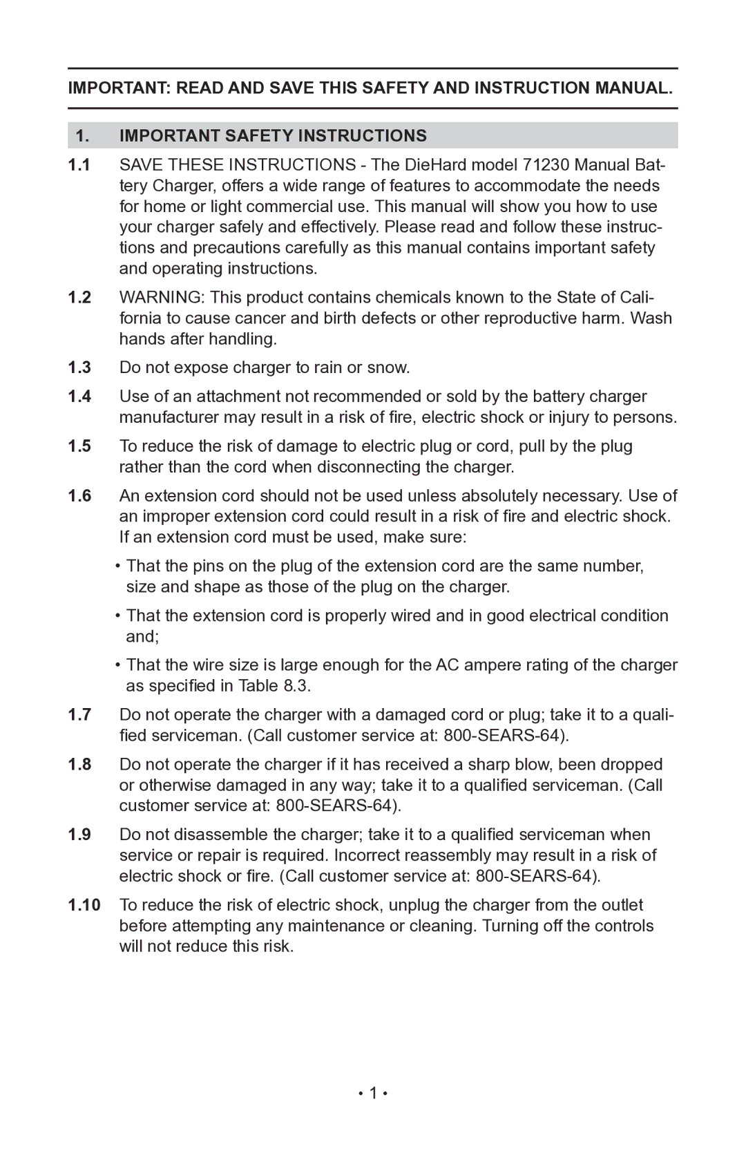 Schumacher 200.71230 operating instructions Important Safety Instructions 