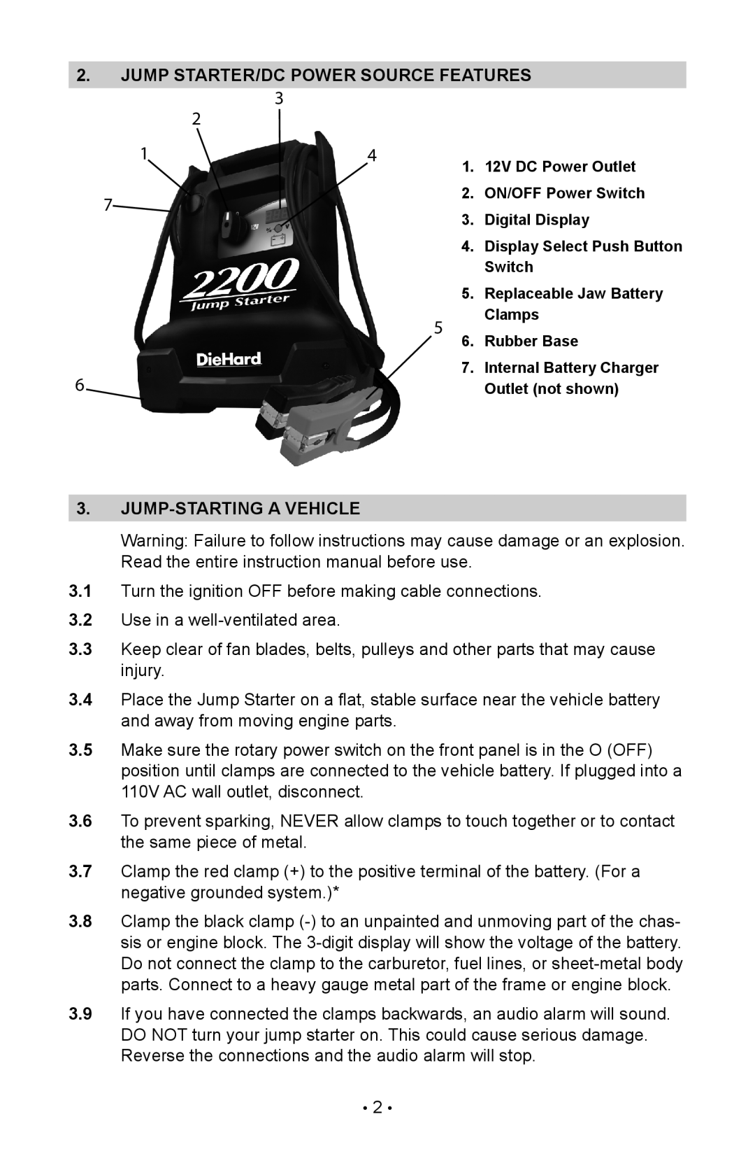 Schumacher 94191065, 200.71990, 00-99-000867-0109 Jump starter/dc power source features, Jump-starting a vehicle 