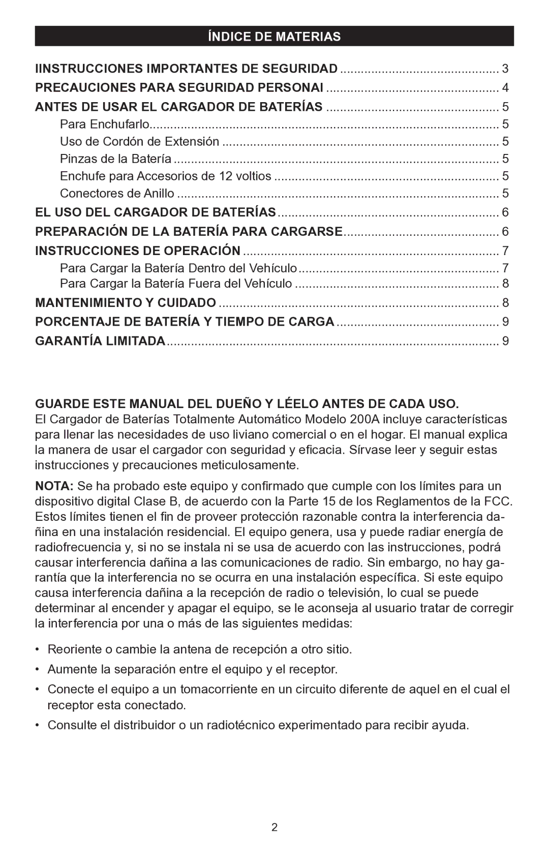 Schumacher 200A owner manual Índice DE Materias, Guarde Este Manual DEL Dueño Y Léelo Antes DE Cada USO 