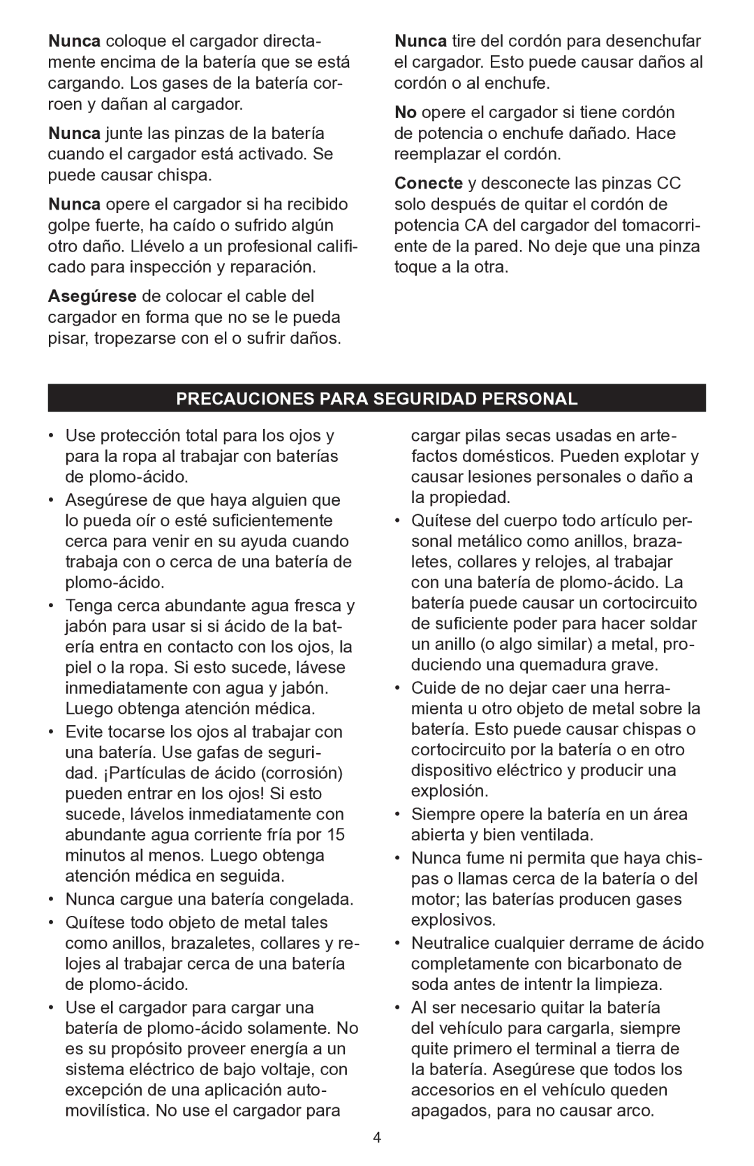 Schumacher 200A owner manual Precauciones Para Seguridad Personal 