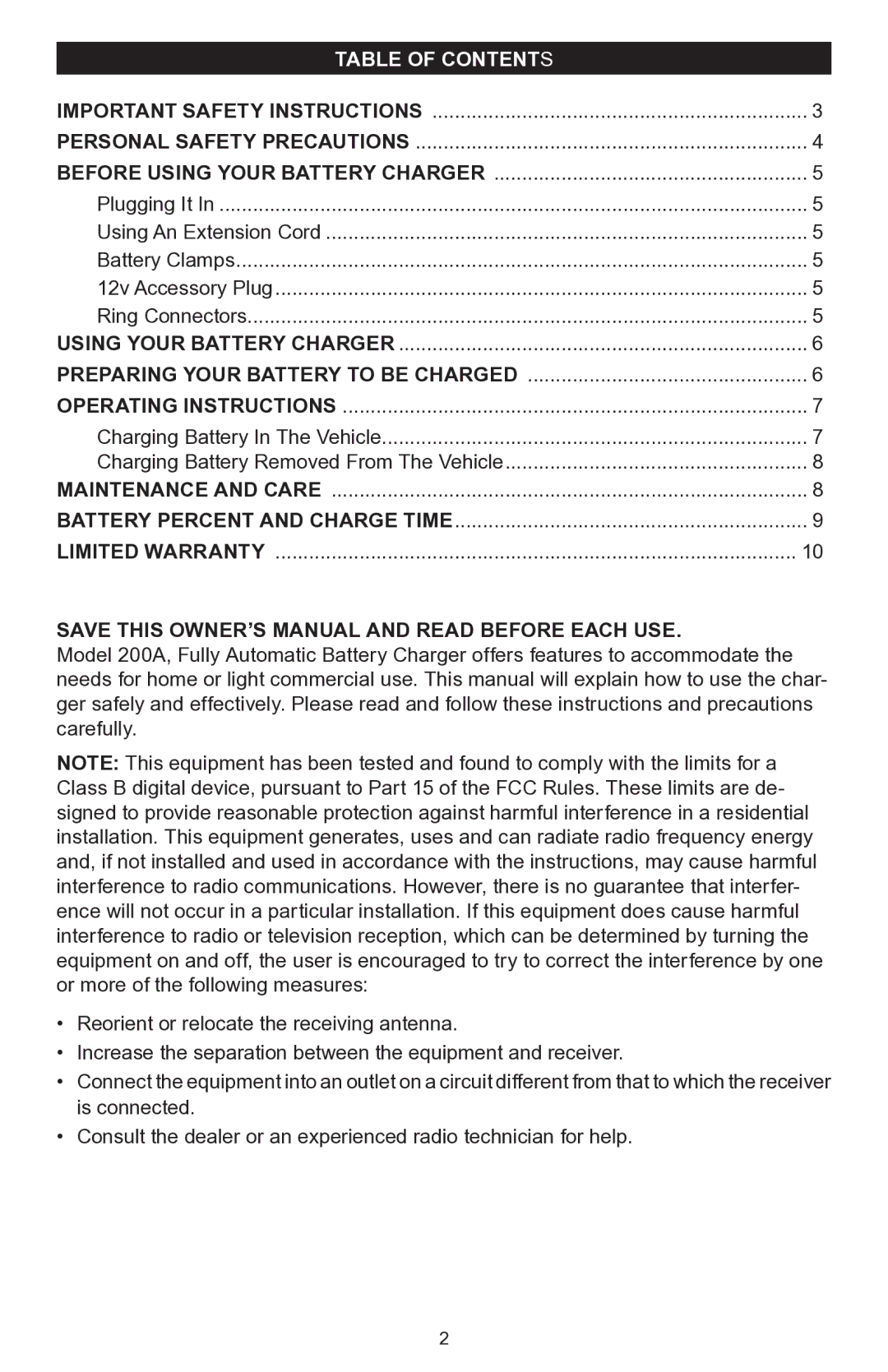 Schumacher 200A owner manual Table of Contents 