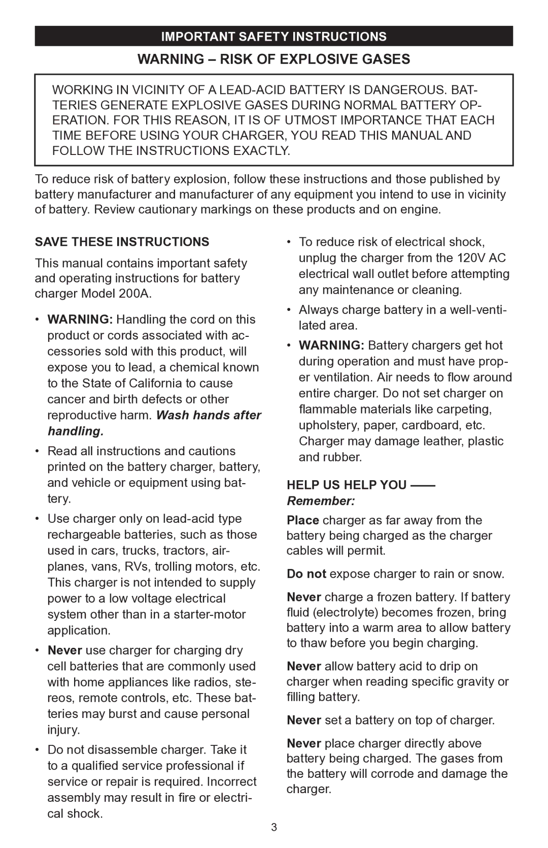 Schumacher 200A owner manual Important Safety Instructions, Help us help you 