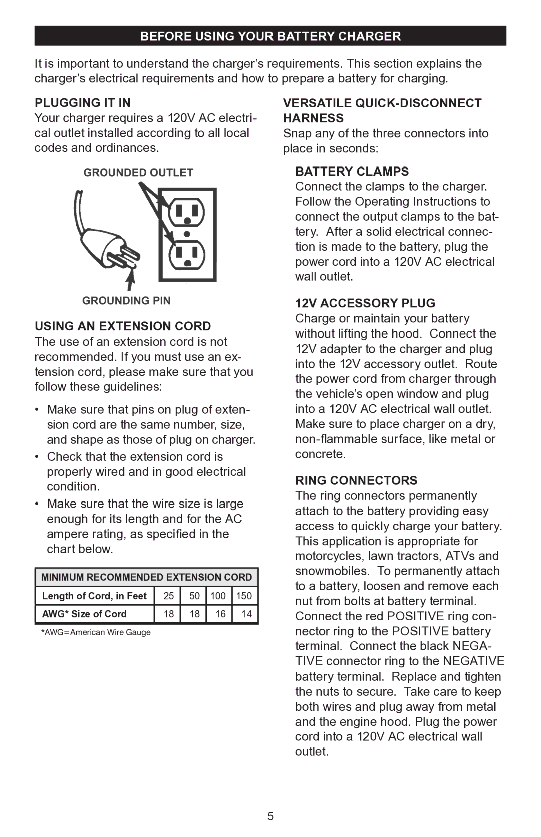 Schumacher 200A Before Using Your Battery Charger, Plugging IT, Versatile Quick-Disconnect Harness, Battery Clamps 