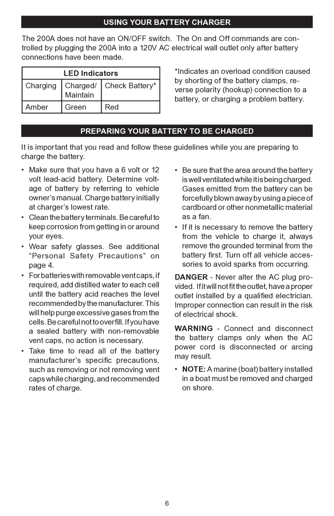 Schumacher 200A owner manual Using Your Battery Charger, LED Indicators, Preparing your battery to be charged 