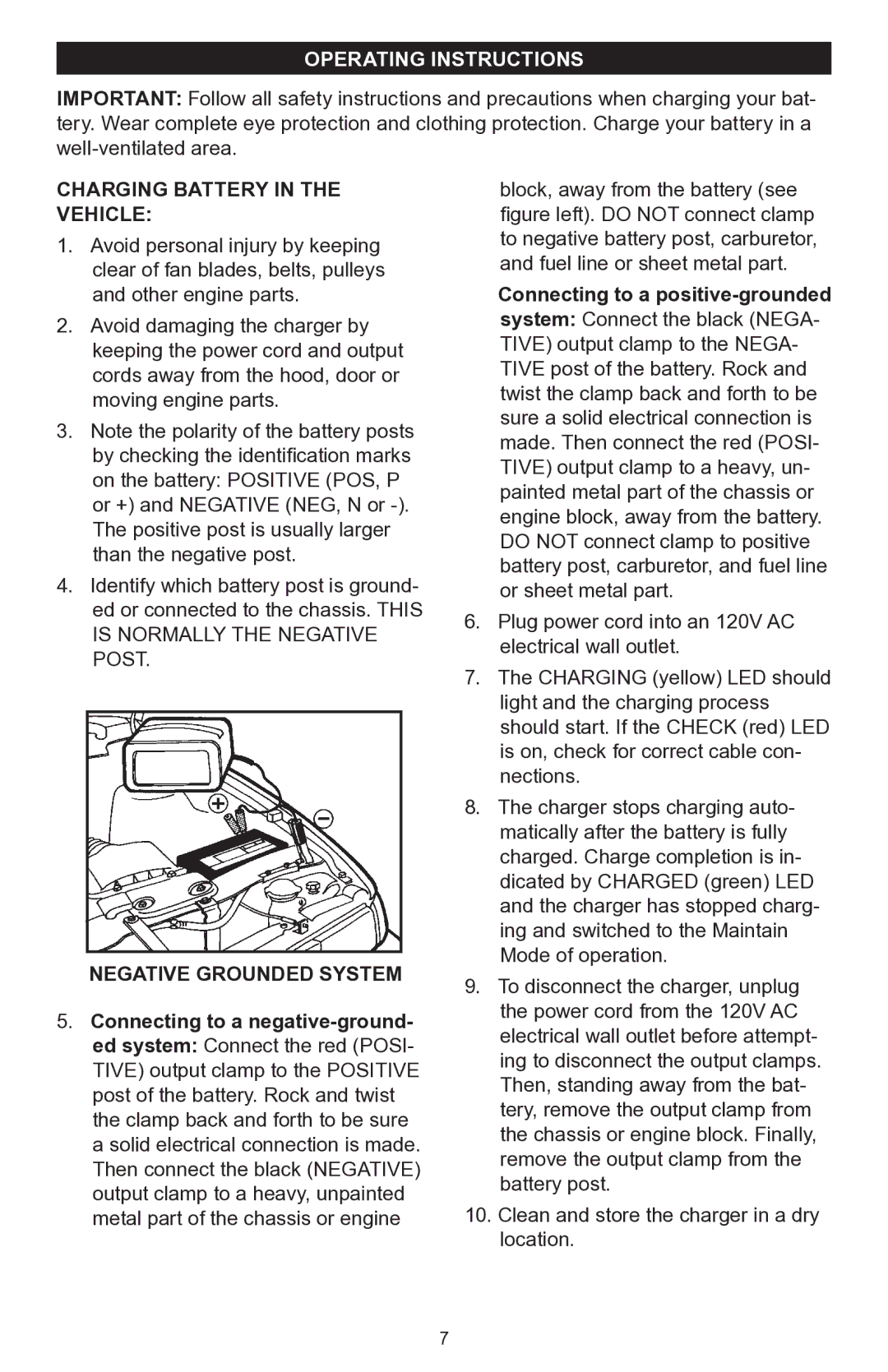 Schumacher 200A owner manual Operating instructions, Charging Battery In The Vehicle, Negative Grounded System 