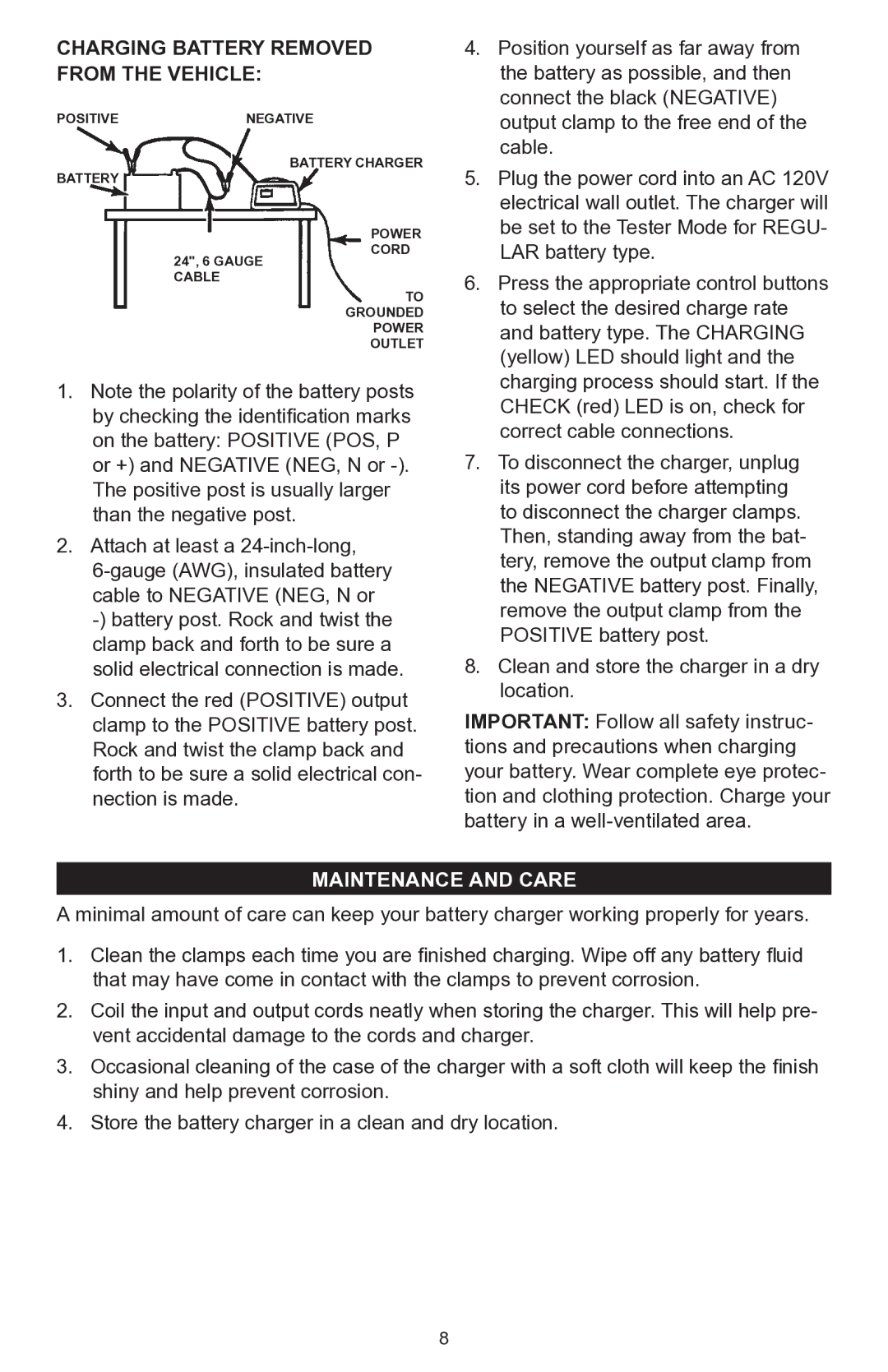 Schumacher 200A owner manual Charging Battery Removed From The Vehicle, Maintenance and Care 