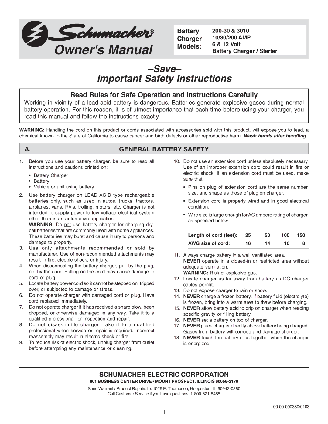 Schumacher 200-30, 3010 owner manual General Battery Safety, Schumacher Electric Corporation 