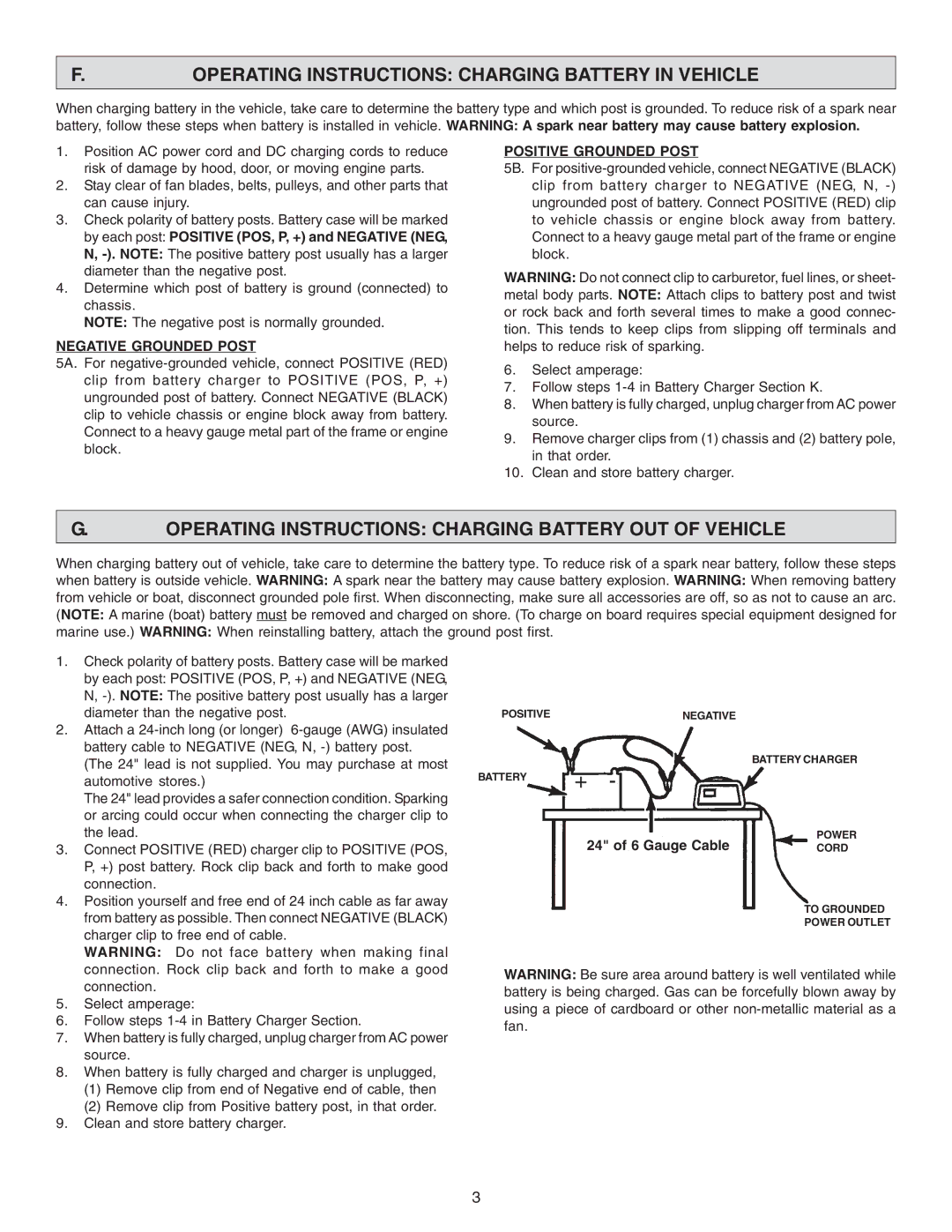 Schumacher 200-30, 3010 Operating Instructions Charging Battery in Vehicle, Negative Grounded Post, Positive Grounded Post 