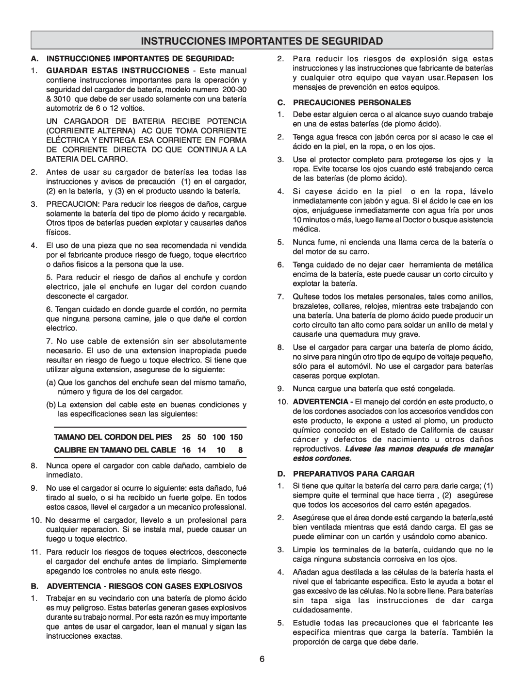 Schumacher 3010 A. Instrucciones Importantes De Seguridad, Tamano Del Cordon Del Pies, Calibre En Tamano Del Cable 