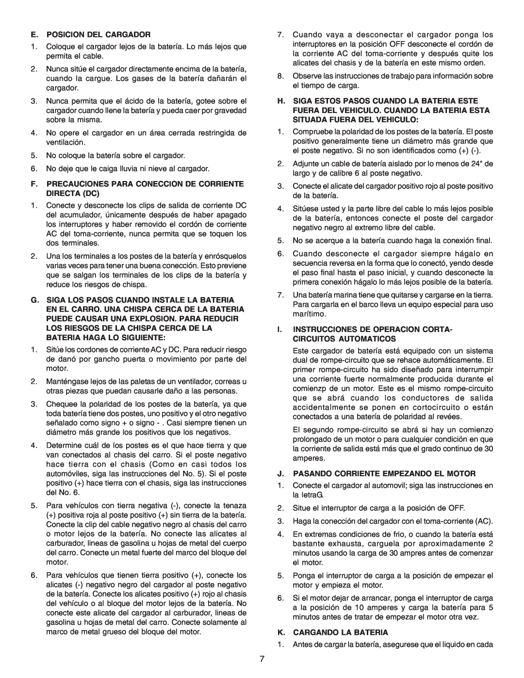 Schumacher 200-30 E. Posicion Del Cargador, F. Precauciones Para Coneccion De Corriente Directa Dc, K. Cargando La Bateria 