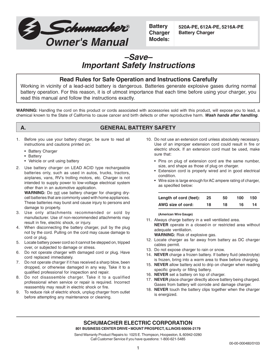 Schumacher 612A-PE, 520A-PE, 5216A-PE owner manual General Battery Safety, Schumacher Electric Corporation 