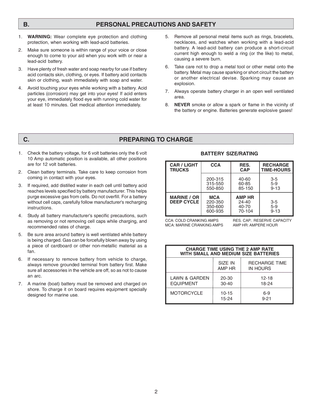 Schumacher 5216A-PE, 520A-PE Personal Precautions and Safety, Preparing to Charge, Marine / or MCA AMP HR Deep Cycle 