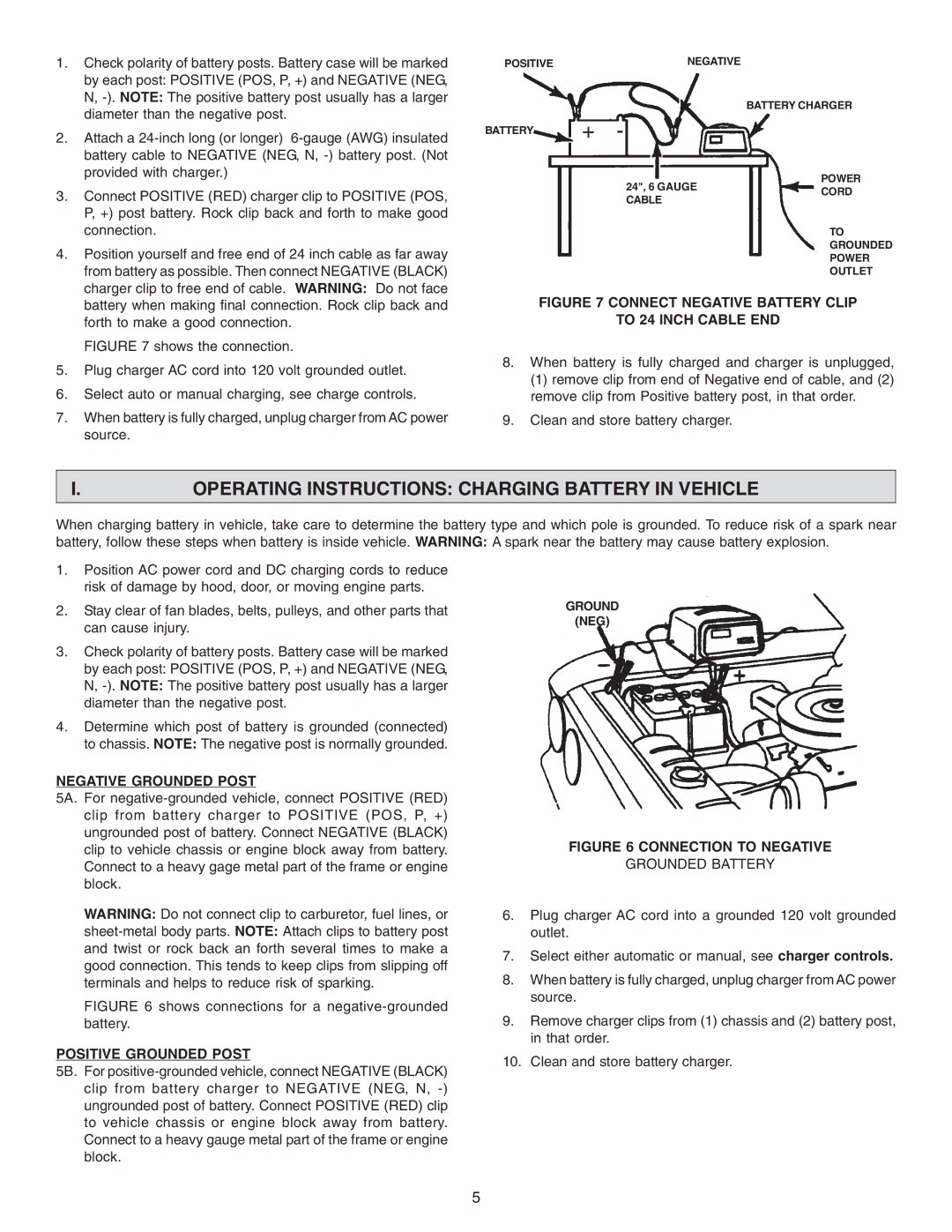 Schumacher 5216A-PE Operating Instructions Charging Battery in Vehicle, Negative Grounded Post, Positive Grounded Post 