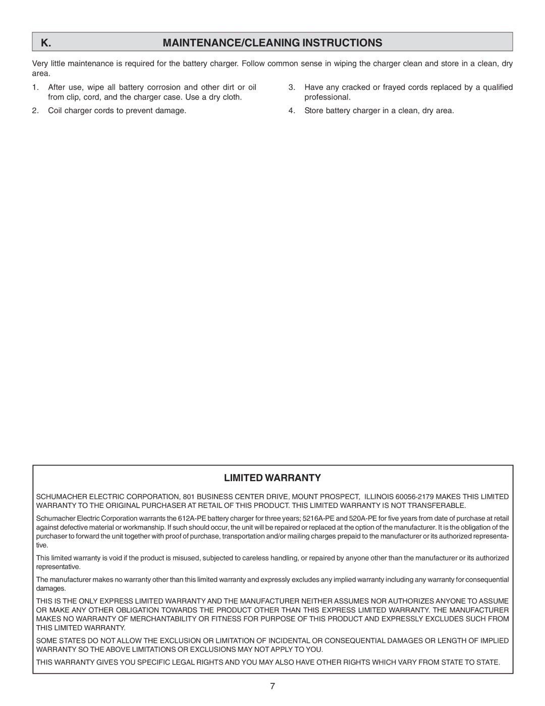 Schumacher 612A-PE, 520A-PE, 5216A-PE owner manual MAINTENANCE/CLEANING Instructions, Limited Warranty 