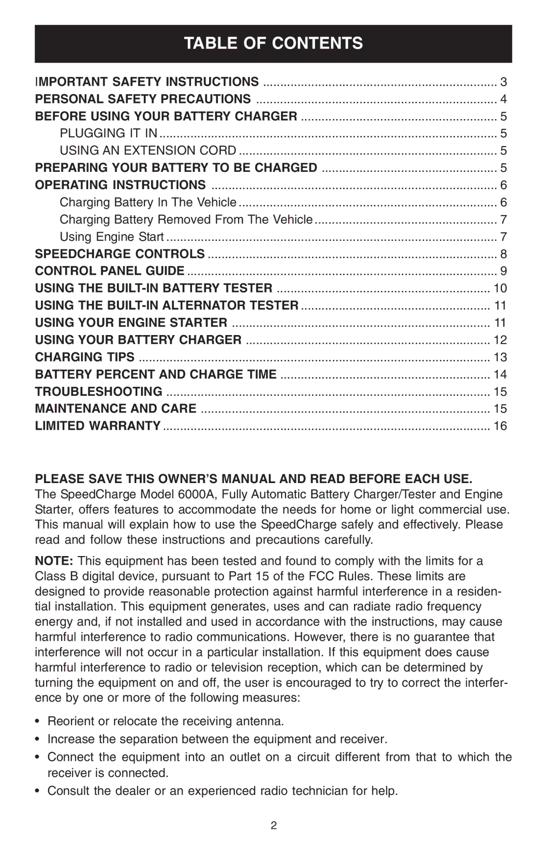 Schumacher 6000A owner manual Table of Contents 