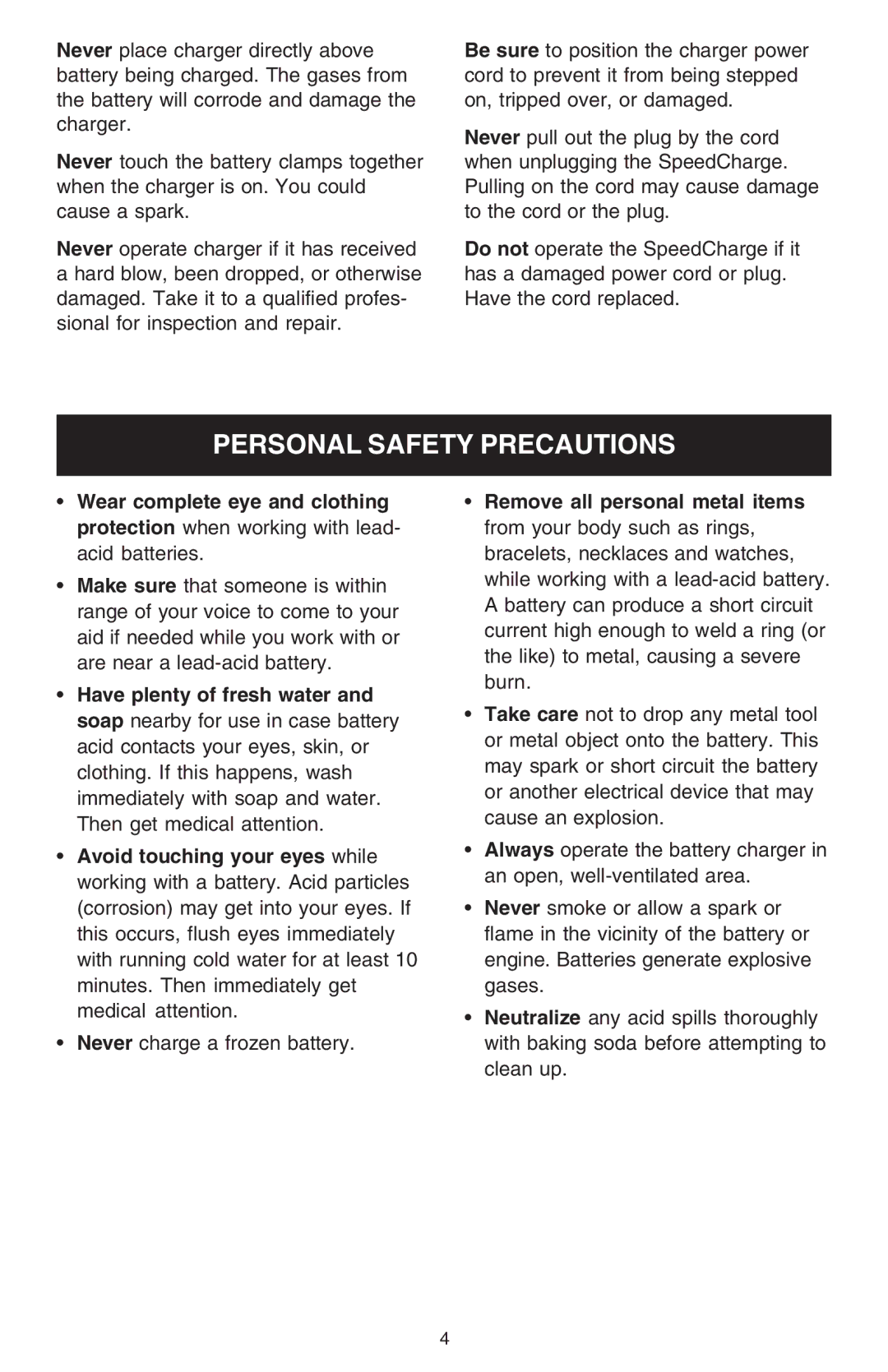 Schumacher 6000A owner manual Personal Safety Precautions 