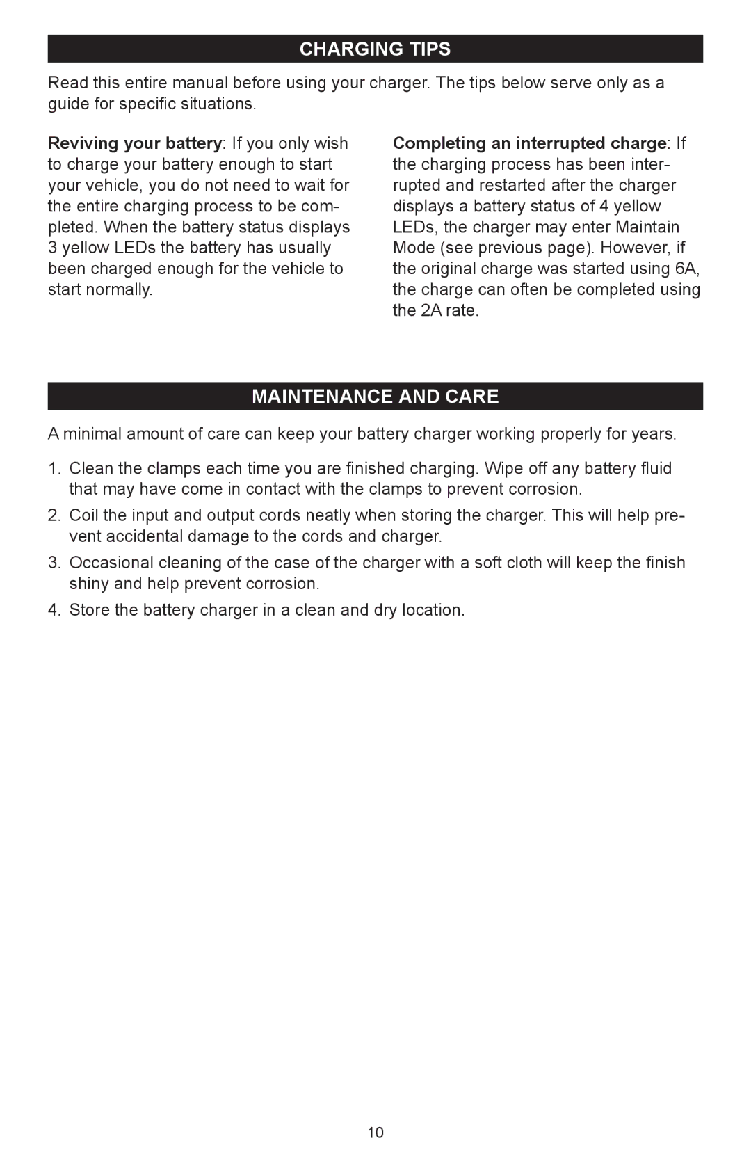 Schumacher 600A owner manual Charging tips, Maintenance and Care 